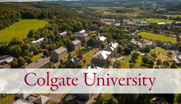 Aerial view of Colgate University campus surrounded by trees and greenery.