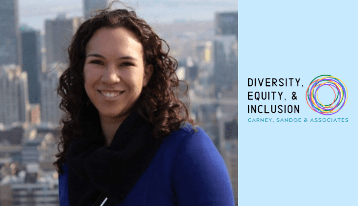 Smiling person with curly hair in blue sweater, cityscape in background, text: Diversity, Equity, Inclusion, Cadre C Summit.