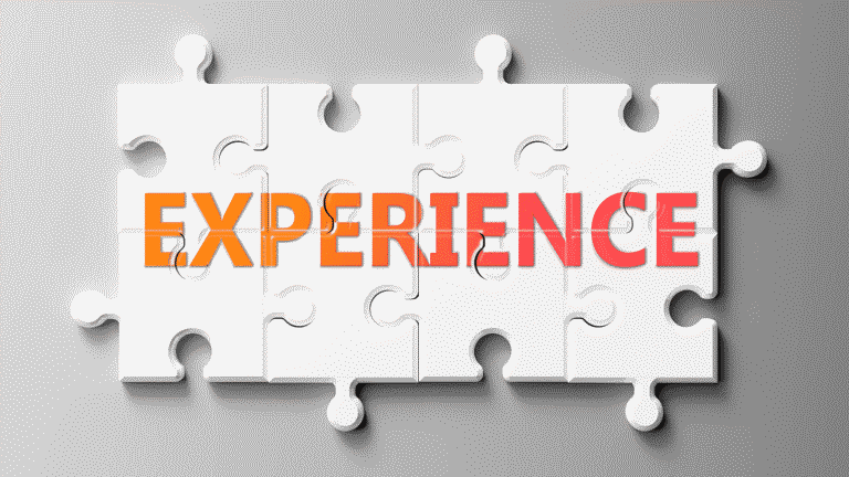 Puzzle pieces forming the word "Experience" in a gradient of orange to pink on a light textured background.