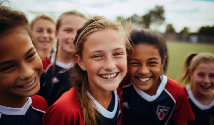 Young girls in soccer uniforms smiling and standing together on a field.