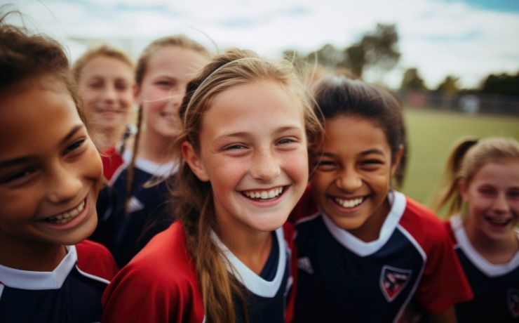 Young girls in soccer uniforms smiling and standing together on a field.