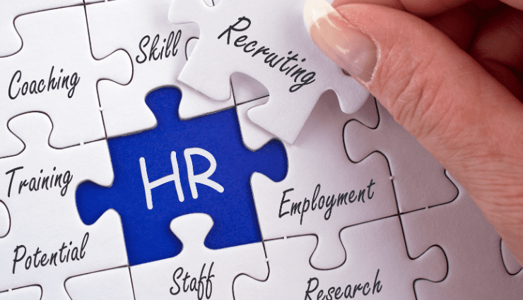 Hand placing 'Recruiting' puzzle piece into HR themed jigsaw, surrounded by words like 'Skill', 'Staff', 'Employment'.