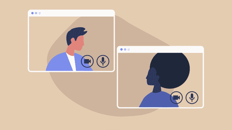 Illustration of two people in video call windows, one with a blue shirt, communicating via video conferencing.