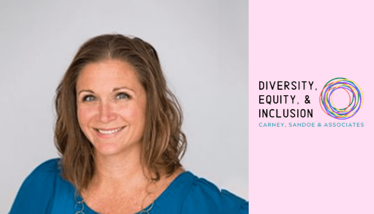 Smiling person with shoulder-length hair, wearing a blue top, next to text about diversity, equity, and inclusion conference.