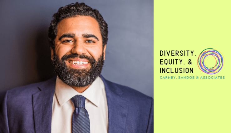 Smiling person in a suit next to text reading "Diversity, Equity, and Inclusion" on a colorful background.