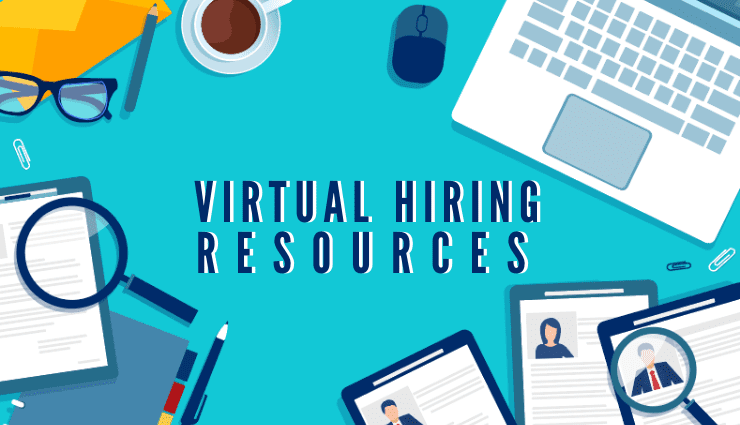 Virtual hiring resources text on a desk background with coffee, laptop, mouse, and resumes