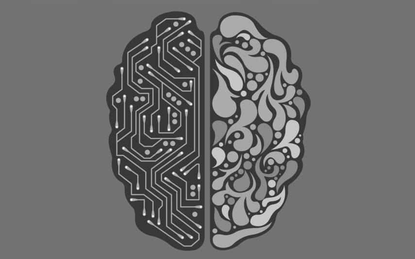 drawing of a brain, half looks like a computer chip