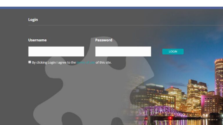 Conference login page with username and password fields, city skyline in the background.