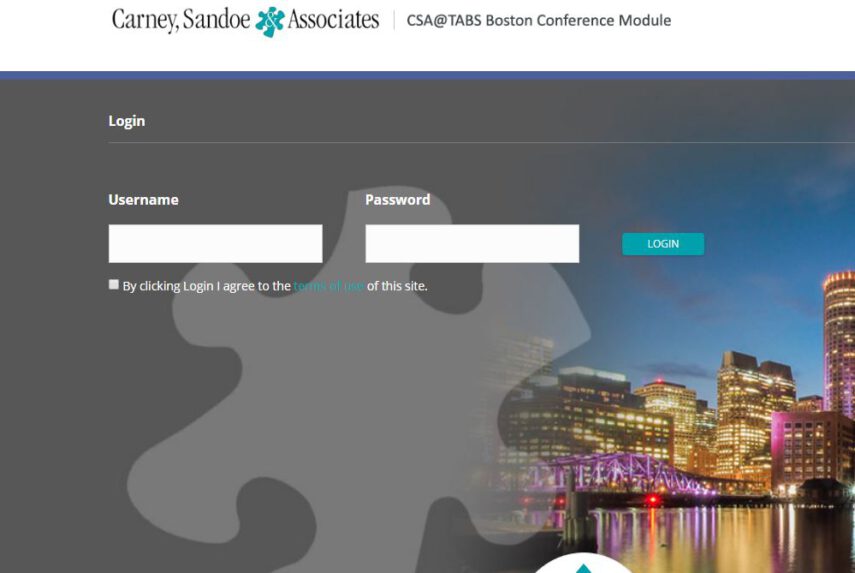 Conference login page with username and password fields, city skyline in the background.