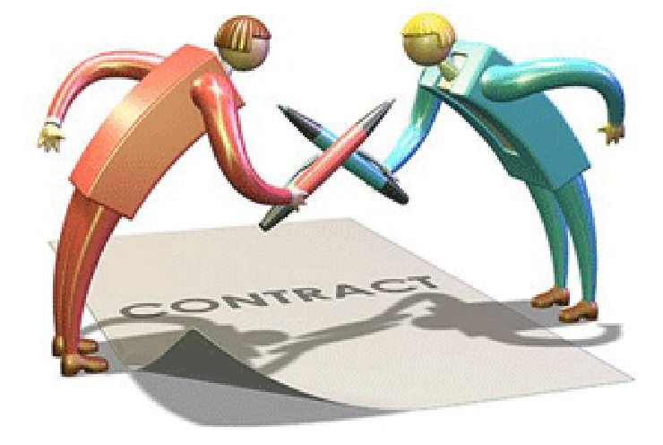 computerized figurines cross pens over a large paper stating "contract"