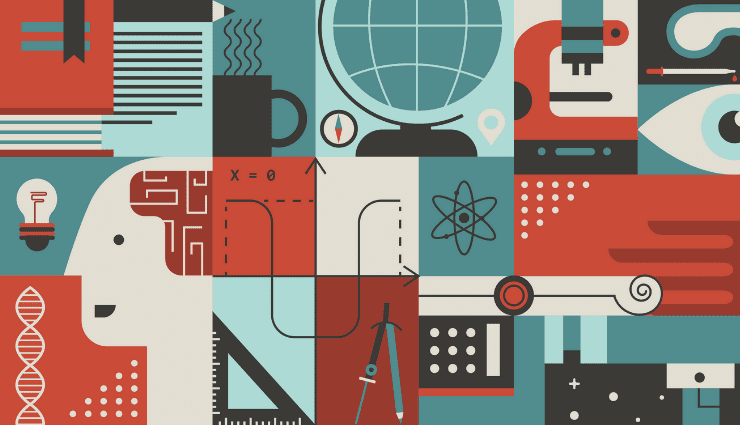 Abstract educational illustration with various icons including a globe, microscope, calculator, and scientific symbols.
