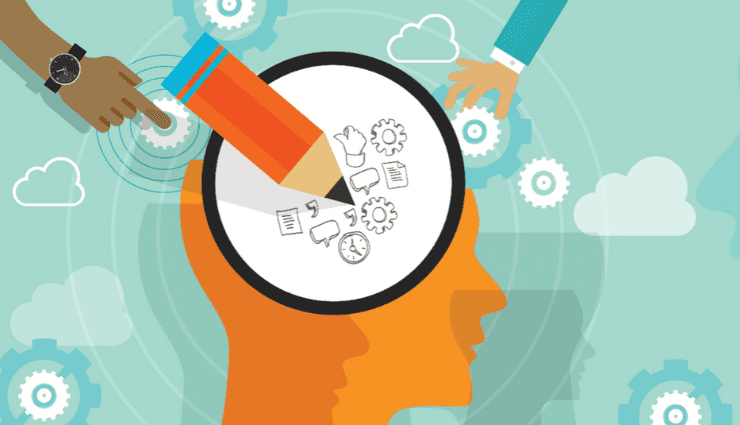 Illustration of a person drawing on a head silhouette, surrounded by symbols like gears and clouds, depicting creativity and thinking.
