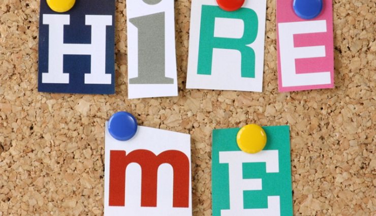 Bulletin board with magazine style "hire me" letters on push pins