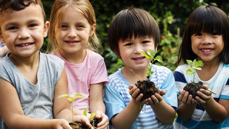 Group of kindergarten kids friends gardening agriculture