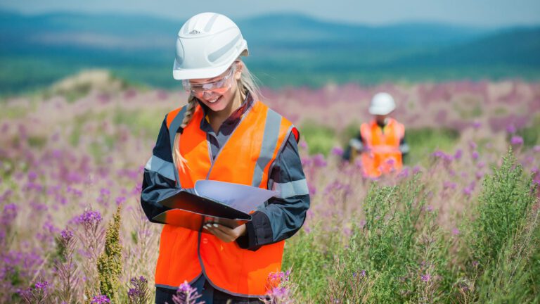 Female student in wildflower field with hard hat and writing down observations on a clipboard