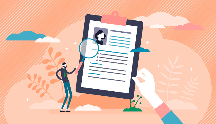 Illustration of a person examining a resume on a large clipboard with a magnifying glass, surrounded by plants and abstract shapes.