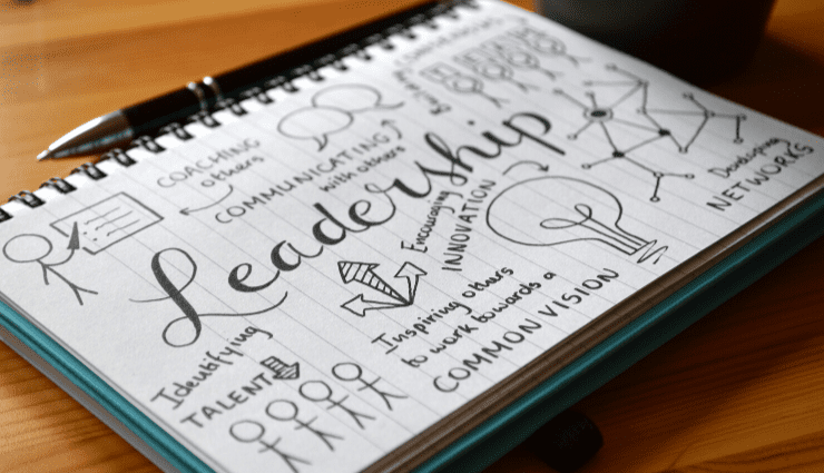 Notebook page with hand-drawn words and illustrations related to leadership, teamwork, and innovation.