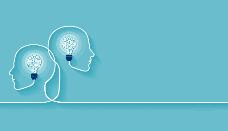Abstract illustration of a human head connected to a glowing network, symbolizing technology and communication on a blue background.