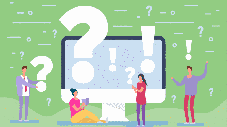 Illustration of people with a large computer screen, surrounded by question marks and exclamation points on a green background.