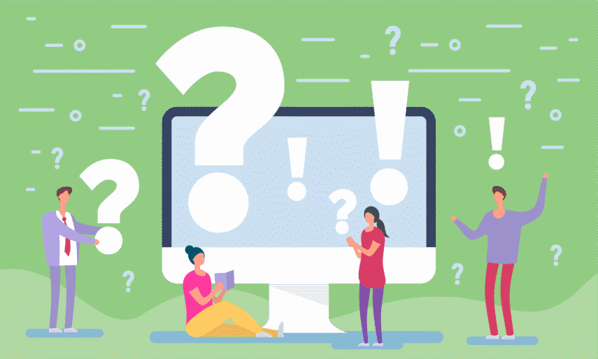 Illustration of people with a large computer screen, surrounded by question marks and exclamation points on a green background.