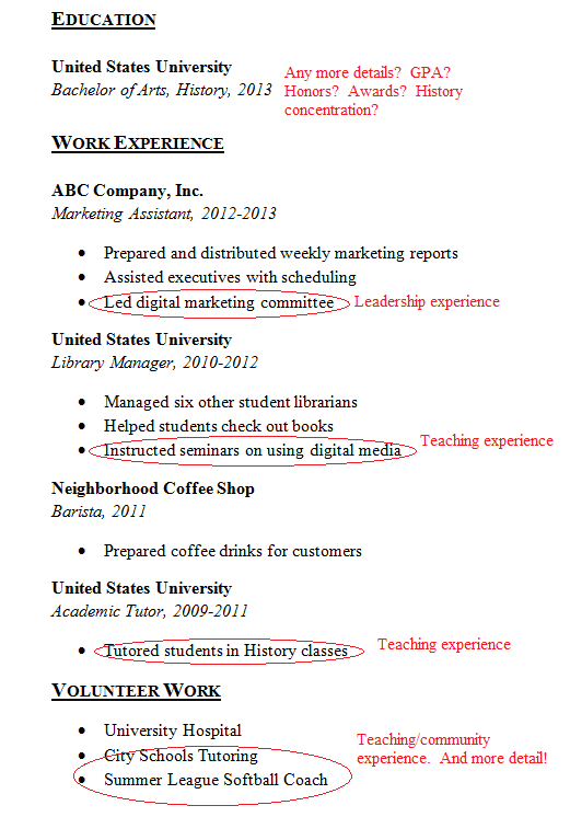 Screenshot of resume with circled corrections and suggestions