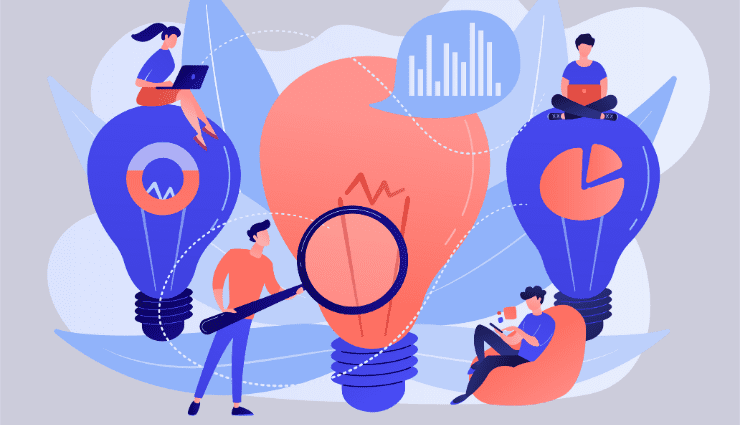 Illustration of people interacting with large light bulbs, using a magnifying glass, and analyzing data charts.