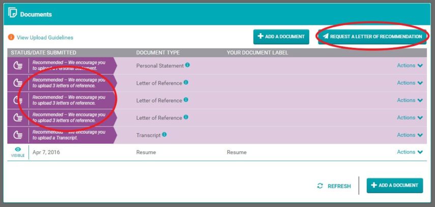 screenshot of documents area of CandidateConnect