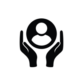 Icon of two hands supporting a person symbol, representing care and support.