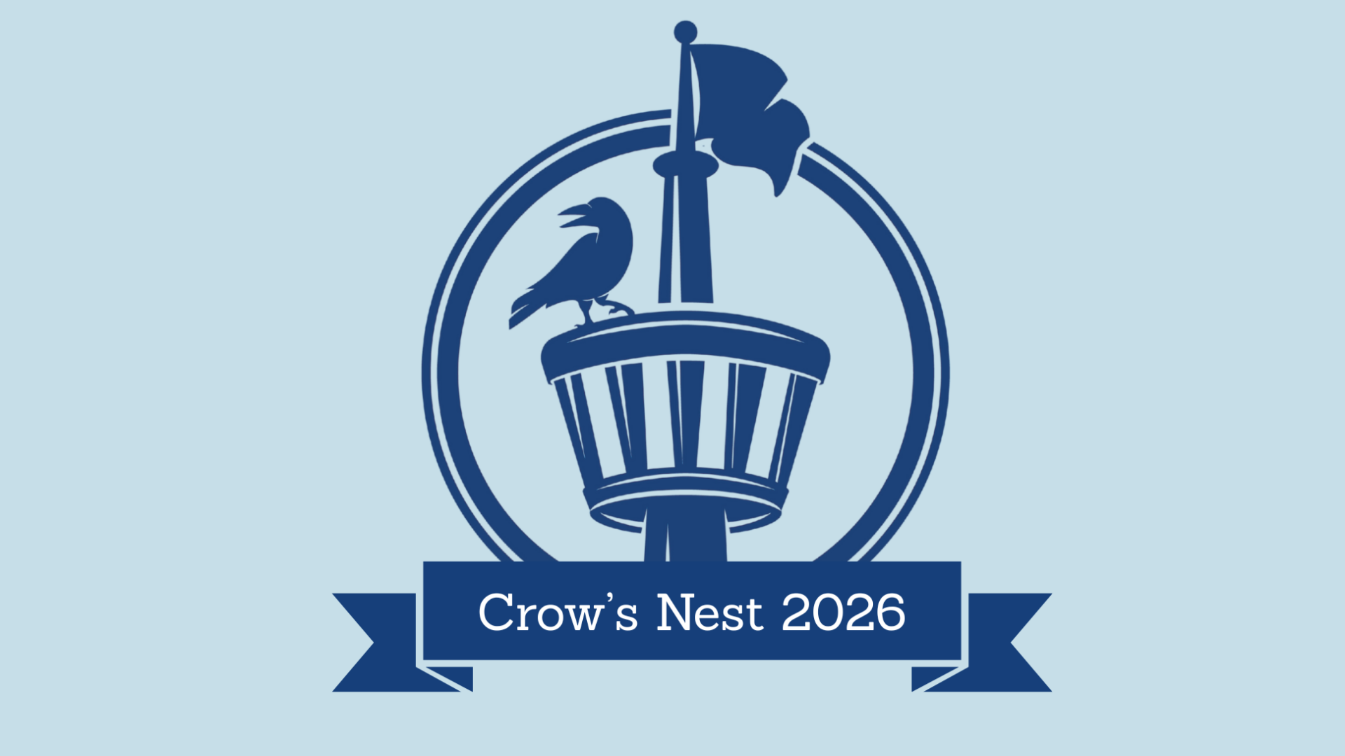 Logo featuring a crow on a ship's crow's nest with a flag and the text "Crow's Nest 2026" on a blue ribbon.