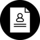 Icon of a user profile document with a silhouette of a person on a white page within a black circle background.