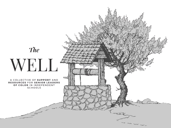 Illustration of a stone well next to a tree with text "The Well" for a support and resource community.
