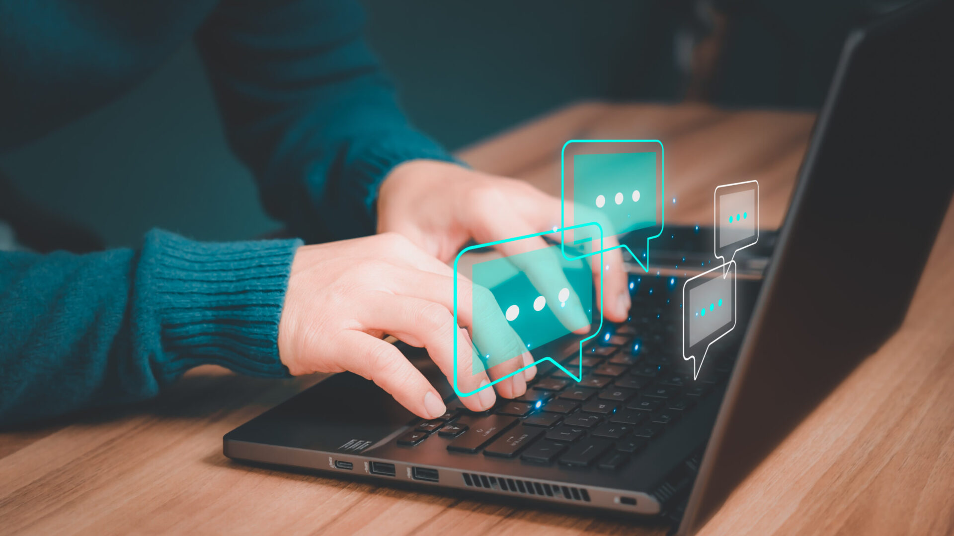 Man hand using a laptop computer typing live chat chatting on application communication digital web and social network. Social media application chat box concept.