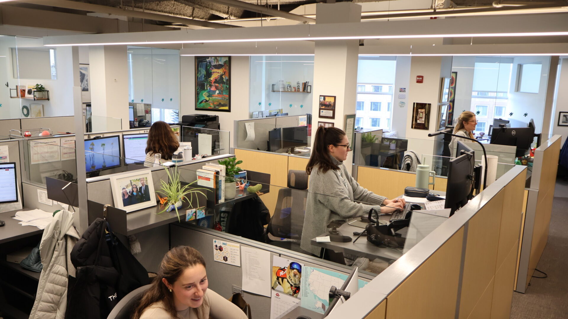 Office setting with four people working at desks, computers on, walls adorned with artwork, bright lighting from windows.