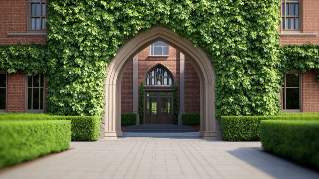 Arched entrance with ivy-covered walls and a brick building in the background on a sunny day