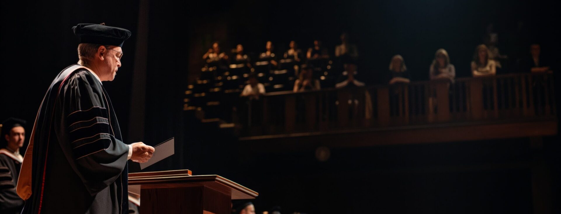A person in academic regalia speaks at a podium during a graduation ceremony, with a seated audience in the background.
