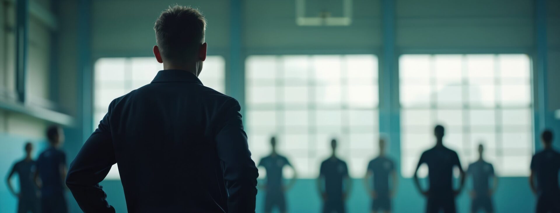 Coach observing soccer players standing in formation indoors, in a sports hall with large windows.
