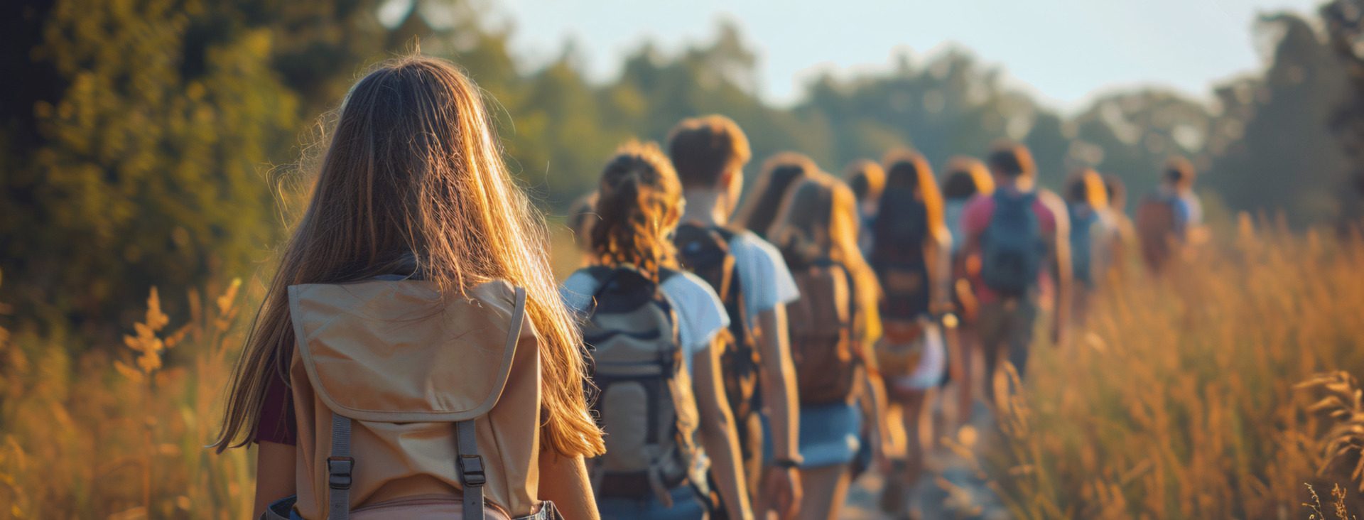 A group of hikers walking on a dirt path through a grassy field under a sunny sky.