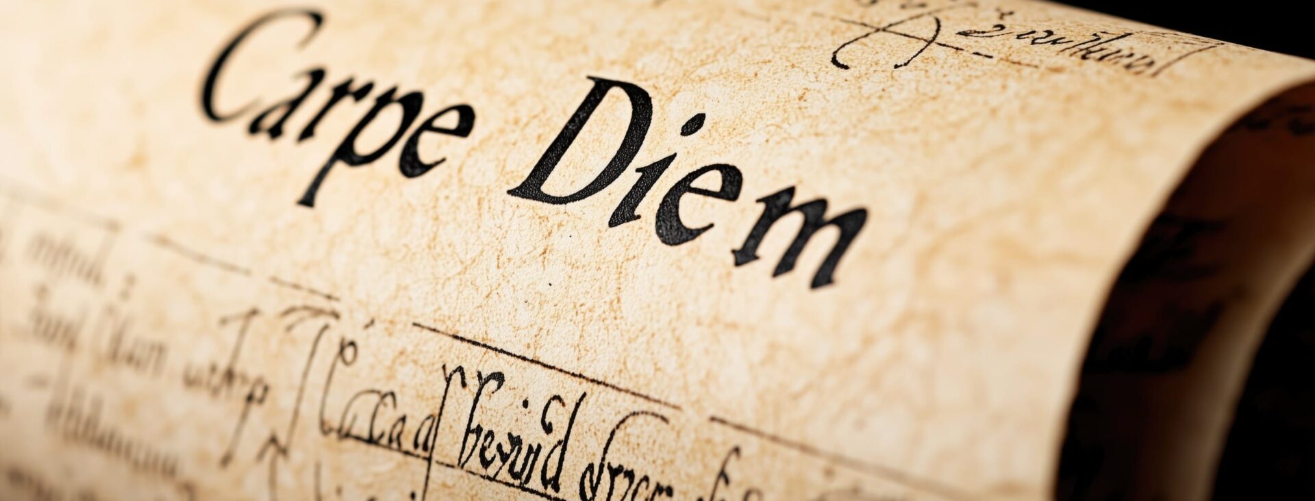 Close-up of a vintage scroll displaying the phrase "Carpe Diem" in elegant black lettering on aged paper.