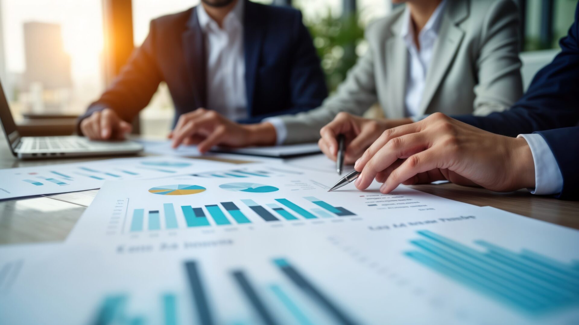 Business team reviewing financial charts and graphs at a conference table with documents and laptops in a well-lit office.