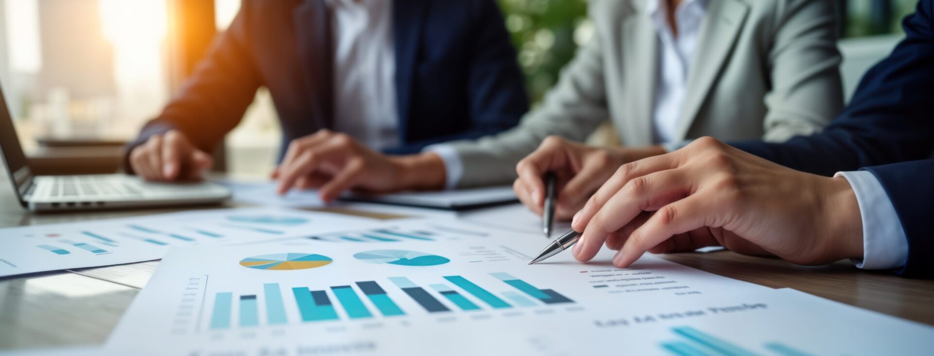 Business team reviewing financial charts and graphs at a conference table with documents and laptops in a well-lit office.