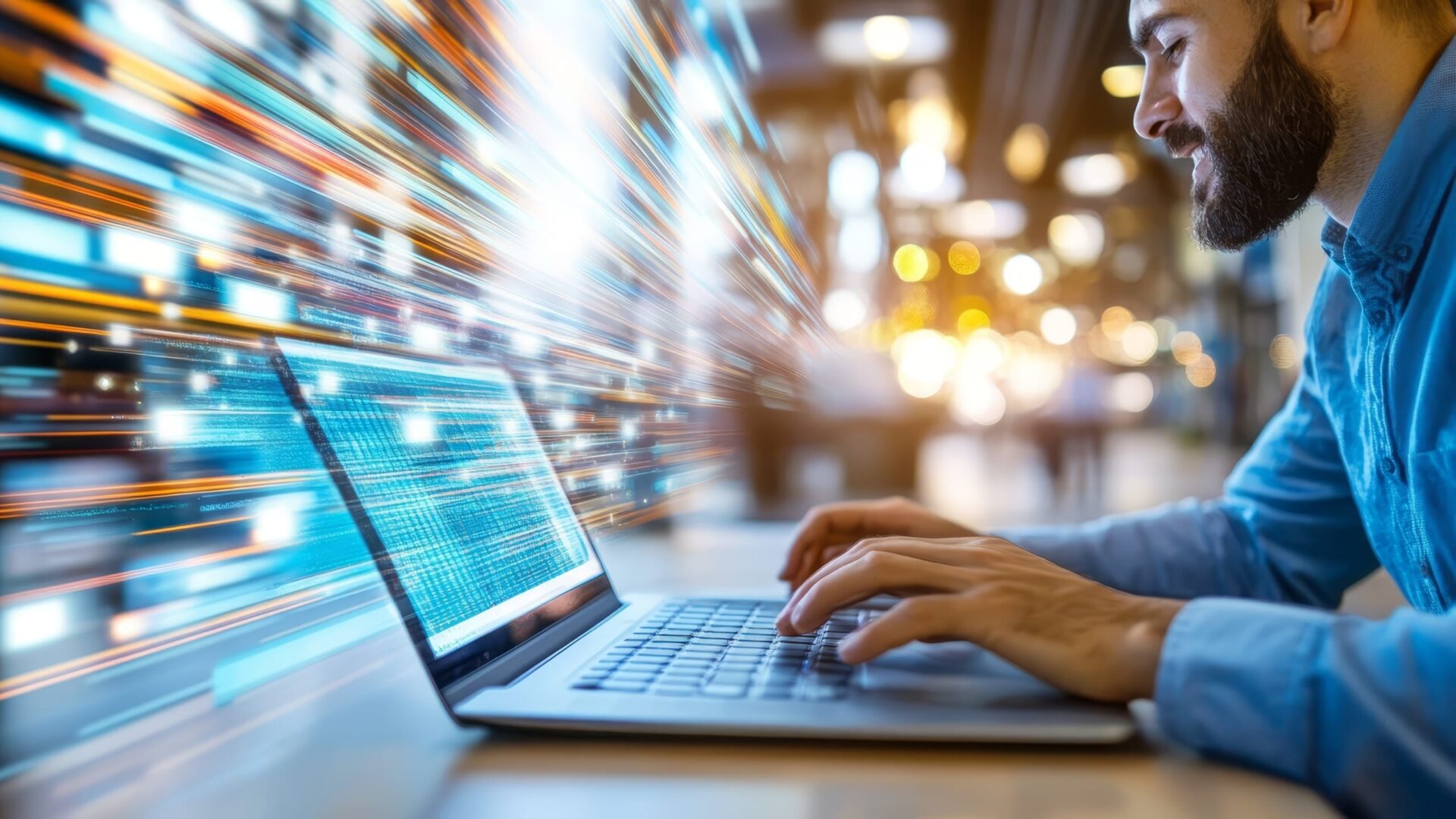 Man typing on laptop with dynamic digital light trails in background, symbolizing fast internet connectivity.