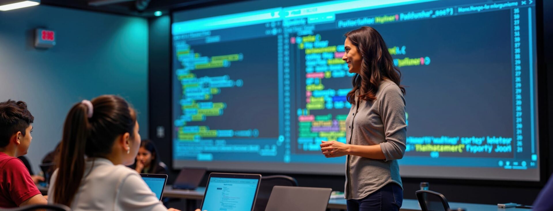 Instructor leading a coding class with students using laptops and a large screen displaying colorful code in the background.