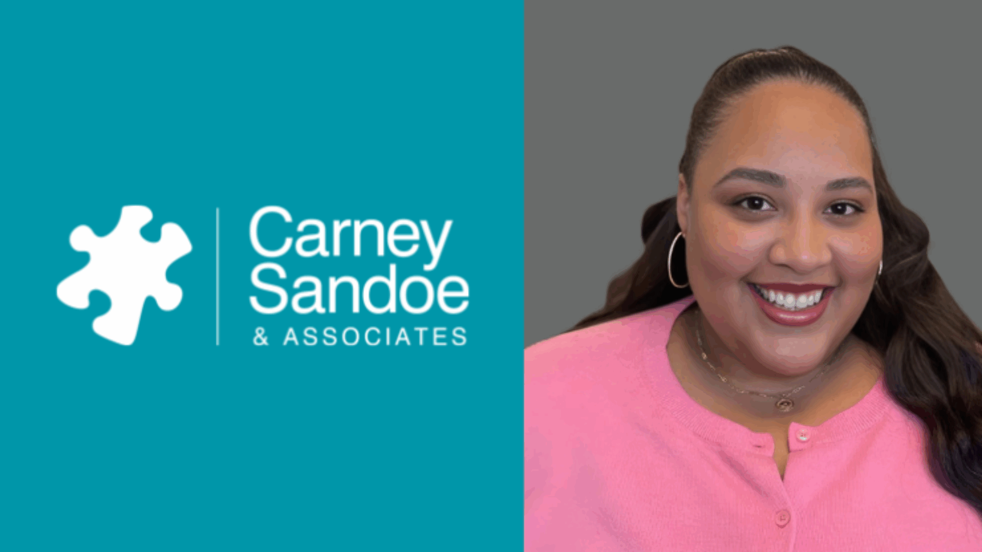 Smiling person in a pink top next to Carney Sandoe & Associates logo on a teal background.