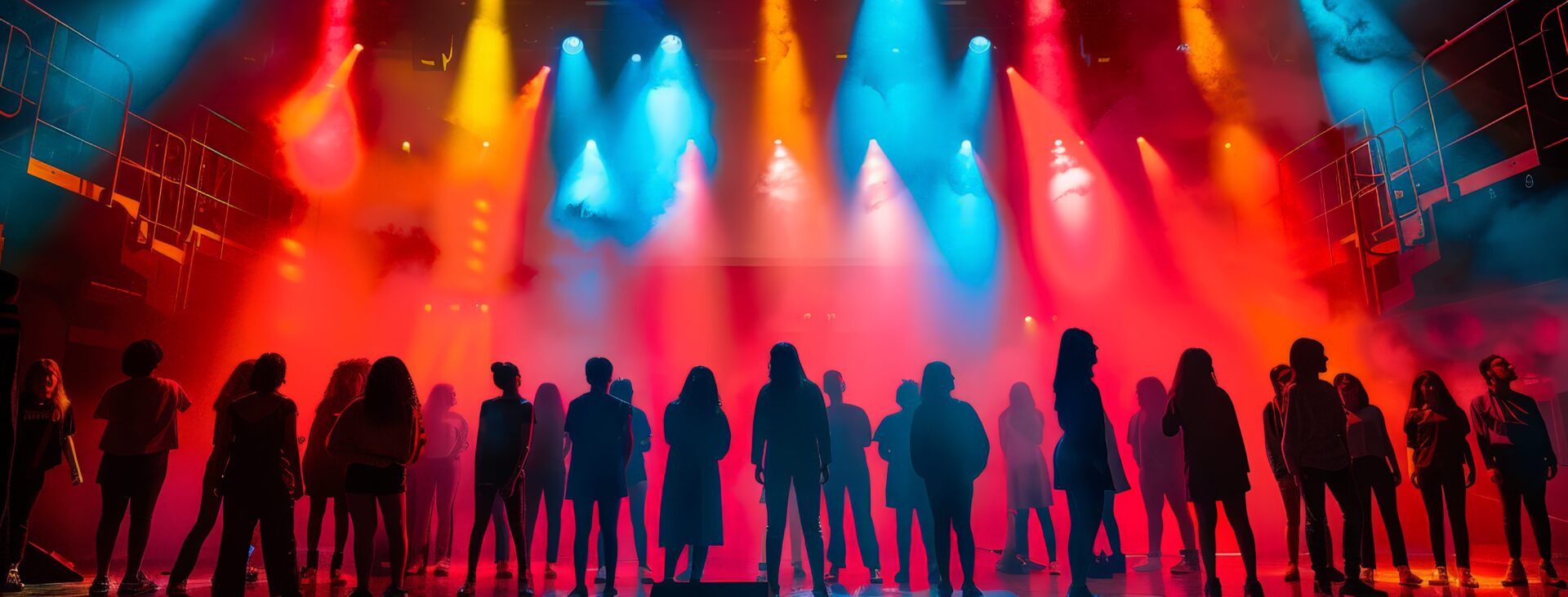 Silhouettes of people standing on stage with vibrant red, blue, and yellow stage lights at a dramatic performance event.