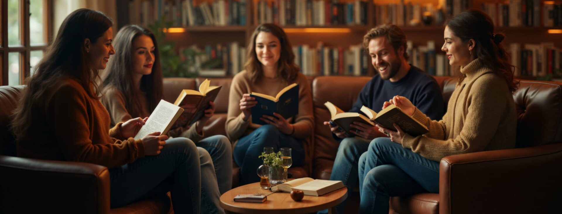 Group of people sitting on a sofa reading books in a cozy library setting with warm lighting and wooden shelves filled with books.