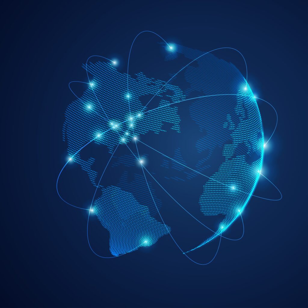 Digital world map with glowing connection lines on a dark blue background.
