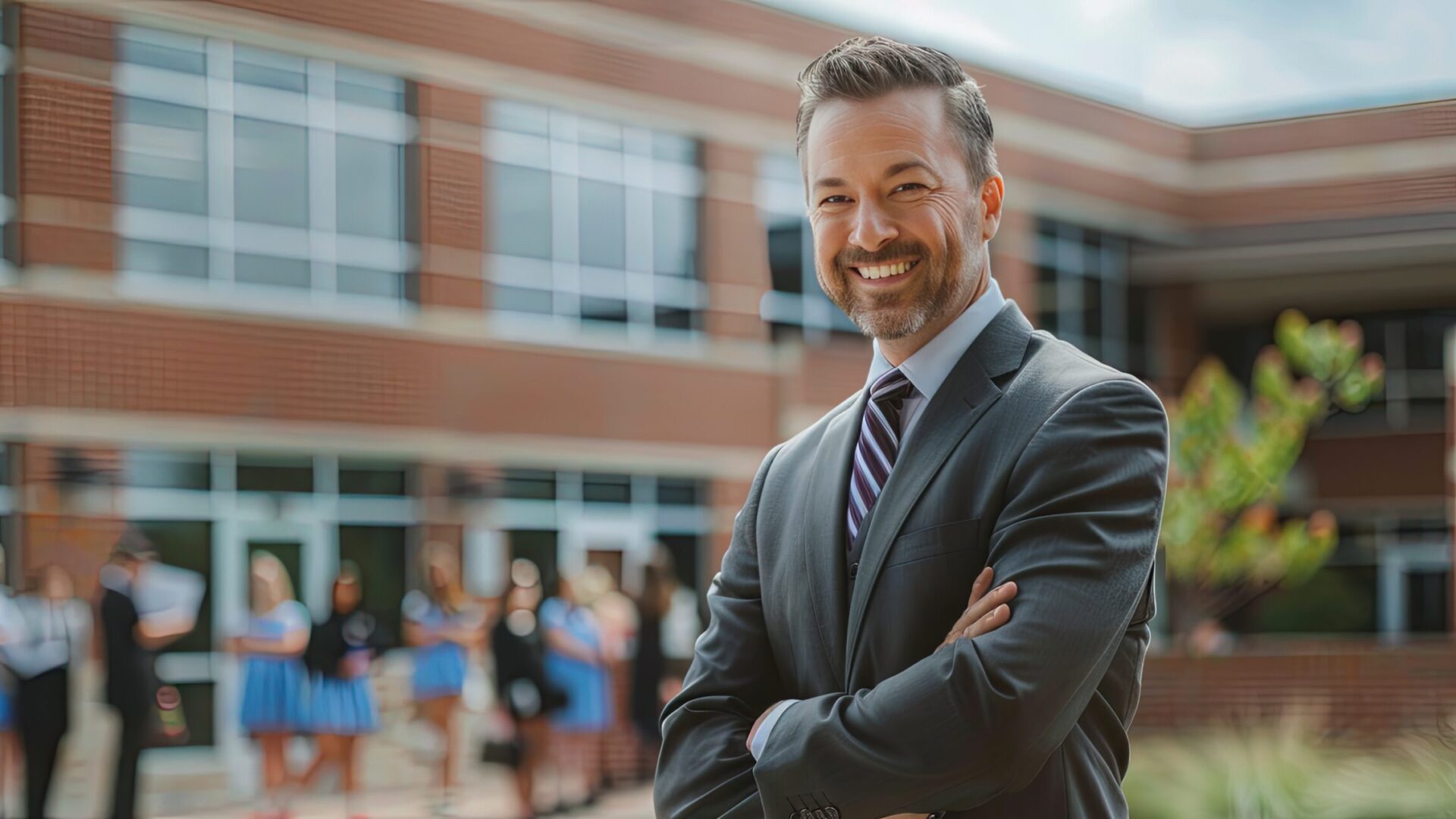 Smiling businessman in suit standing outside a modern office building with people in the background.