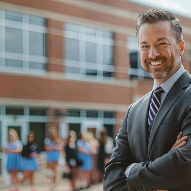 Smiling businessman in suit standing outside a modern office building with people in the background.