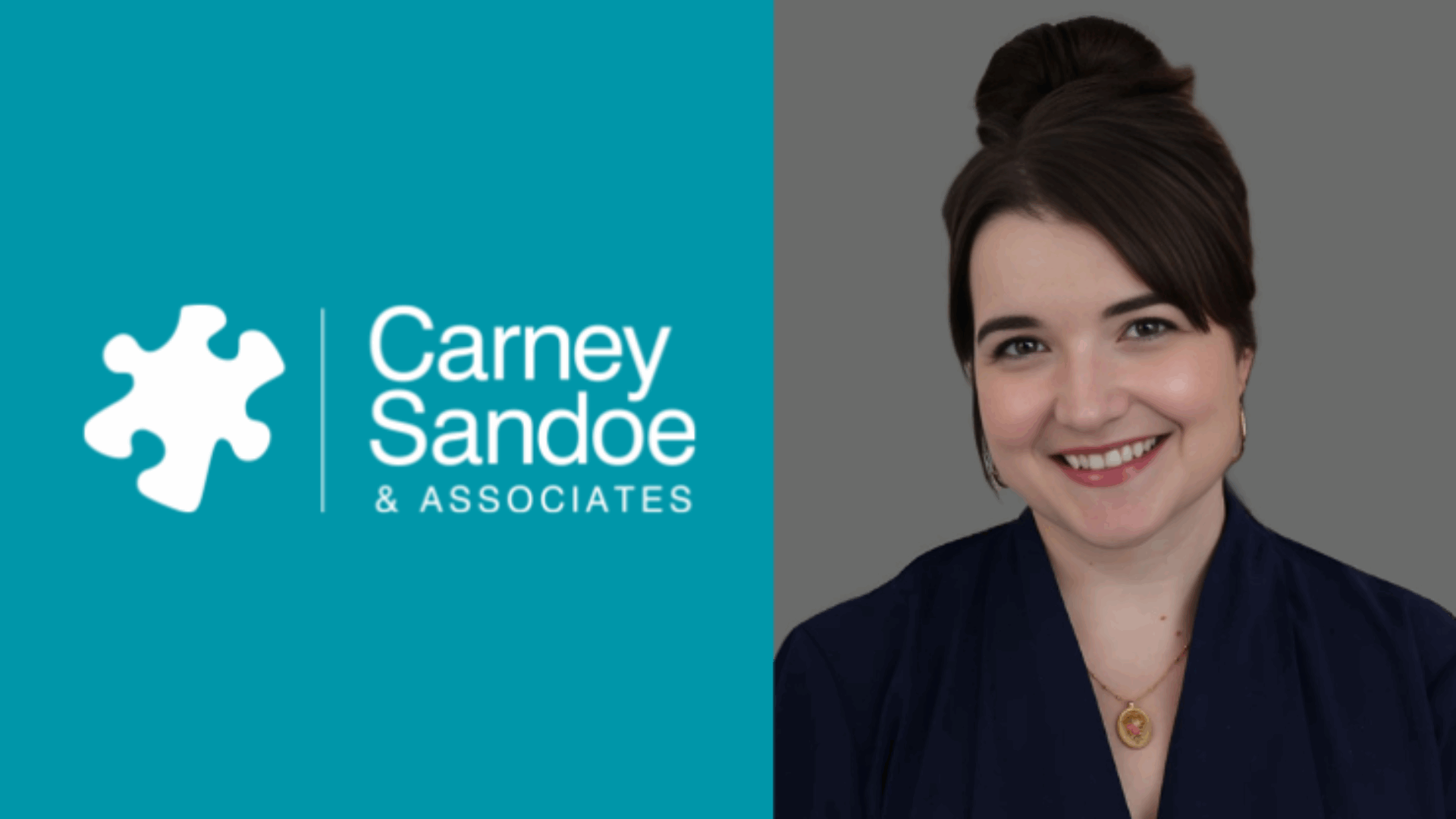 Carney Sandoe & Associates logo with smiling person in dark clothing on a split teal and gray background.