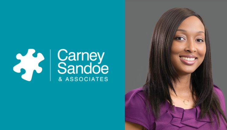 Carney Sandoe & Associates logo beside a smiling woman in a purple top with long dark hair against a gray background